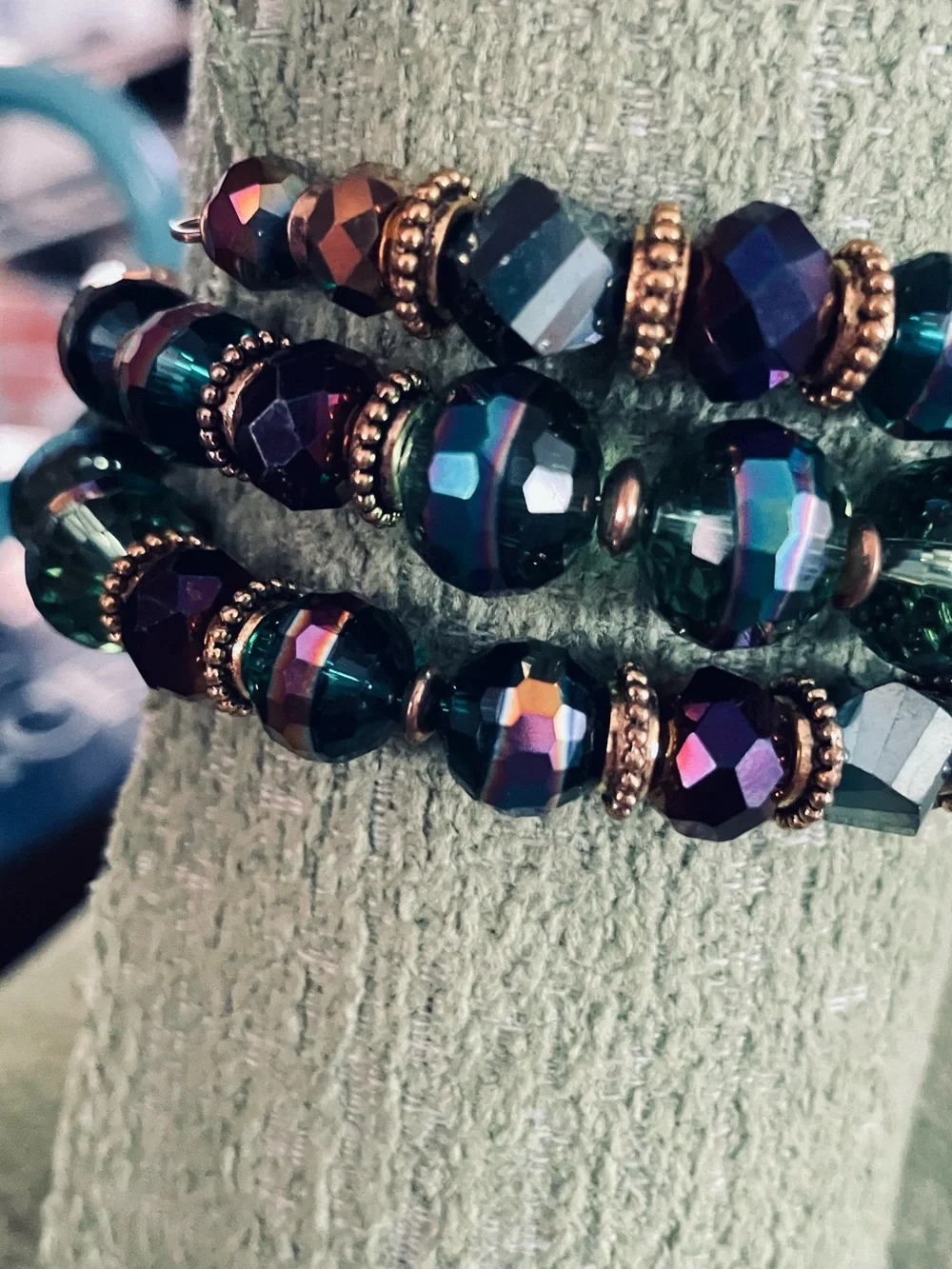 Iridized Green and Purple Beaded Bracelet with Treble Clef Charm Handcrafted